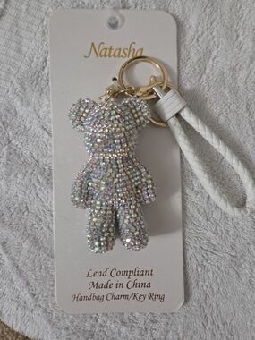 Natasha Iridescent Crystal Bear Keychain with White Braided Strap